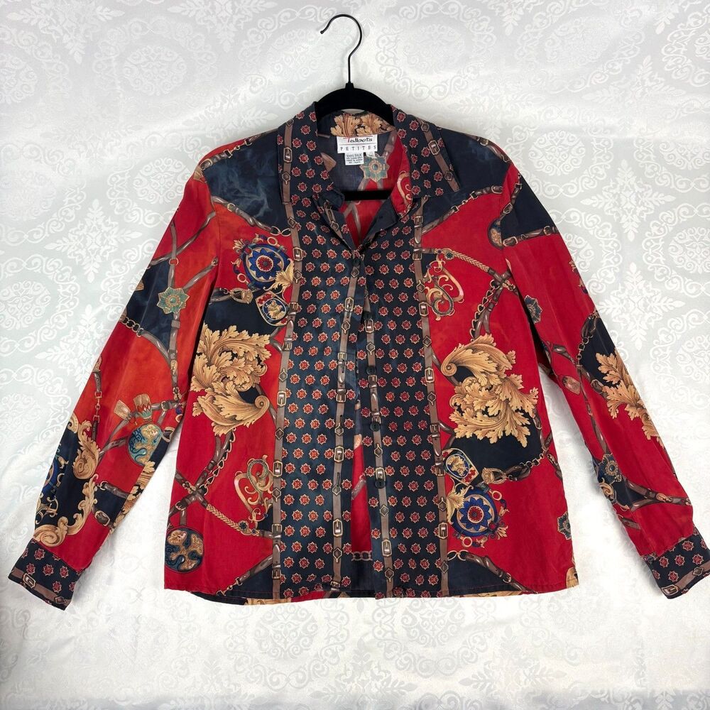 Talbots 100% Silk Baroque Scarf Print Vintage 90s Button Up Top Petites 8P / M